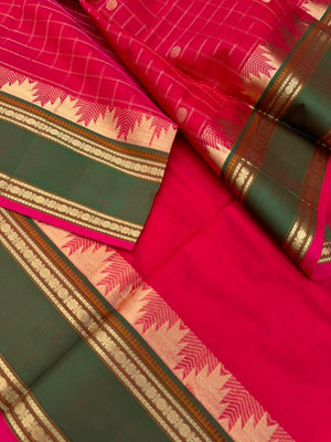 Zari Kissed Silk Cotton - traditional red mixed pink with thalampoo woven borders with kattam buttas woven body