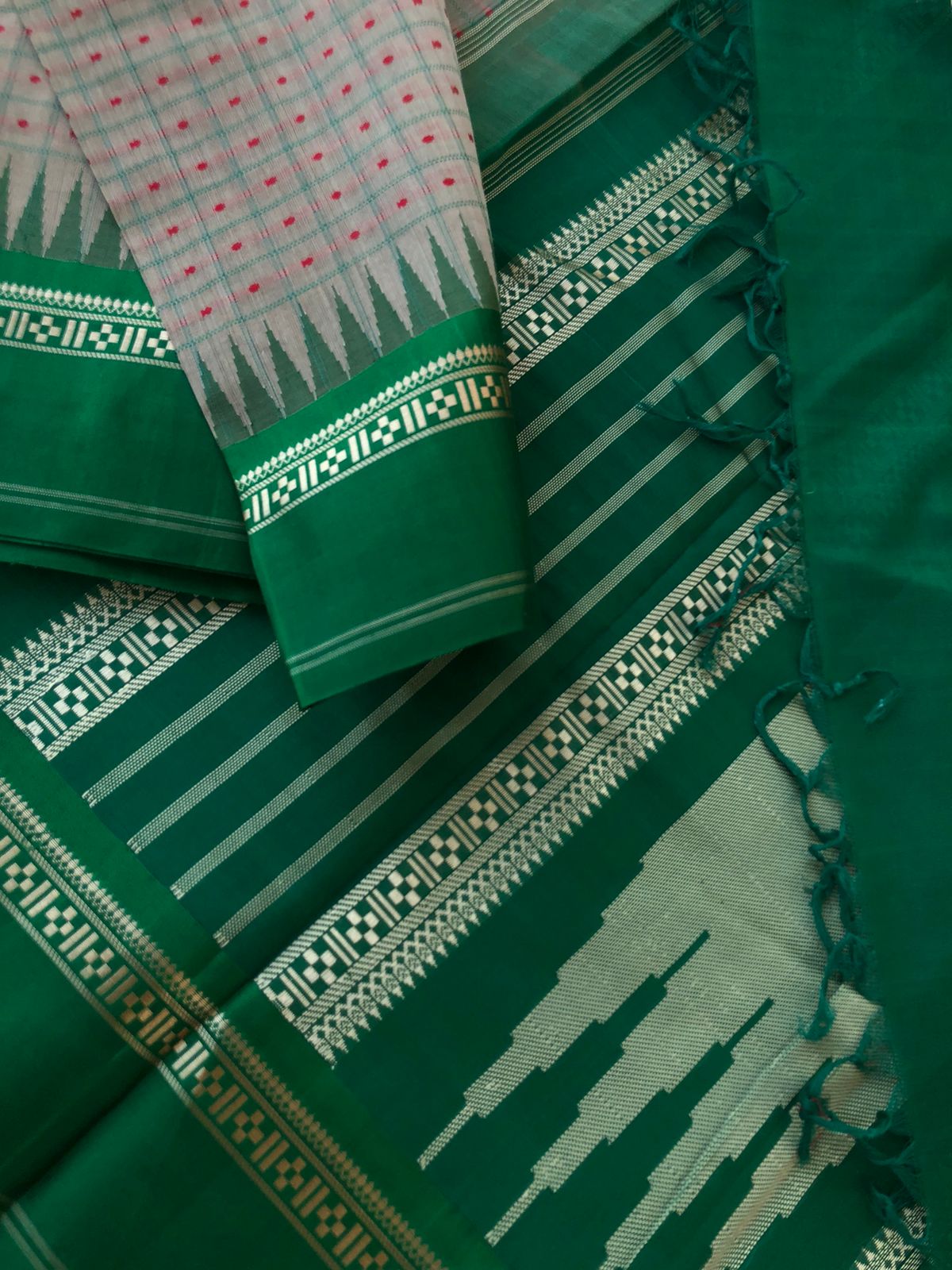 Mira - Our Exclusive Cotton body with Pure Silk Korvai Borders - stunning beige grey laksham buttas with Meenakshi green borders pallu and blouse