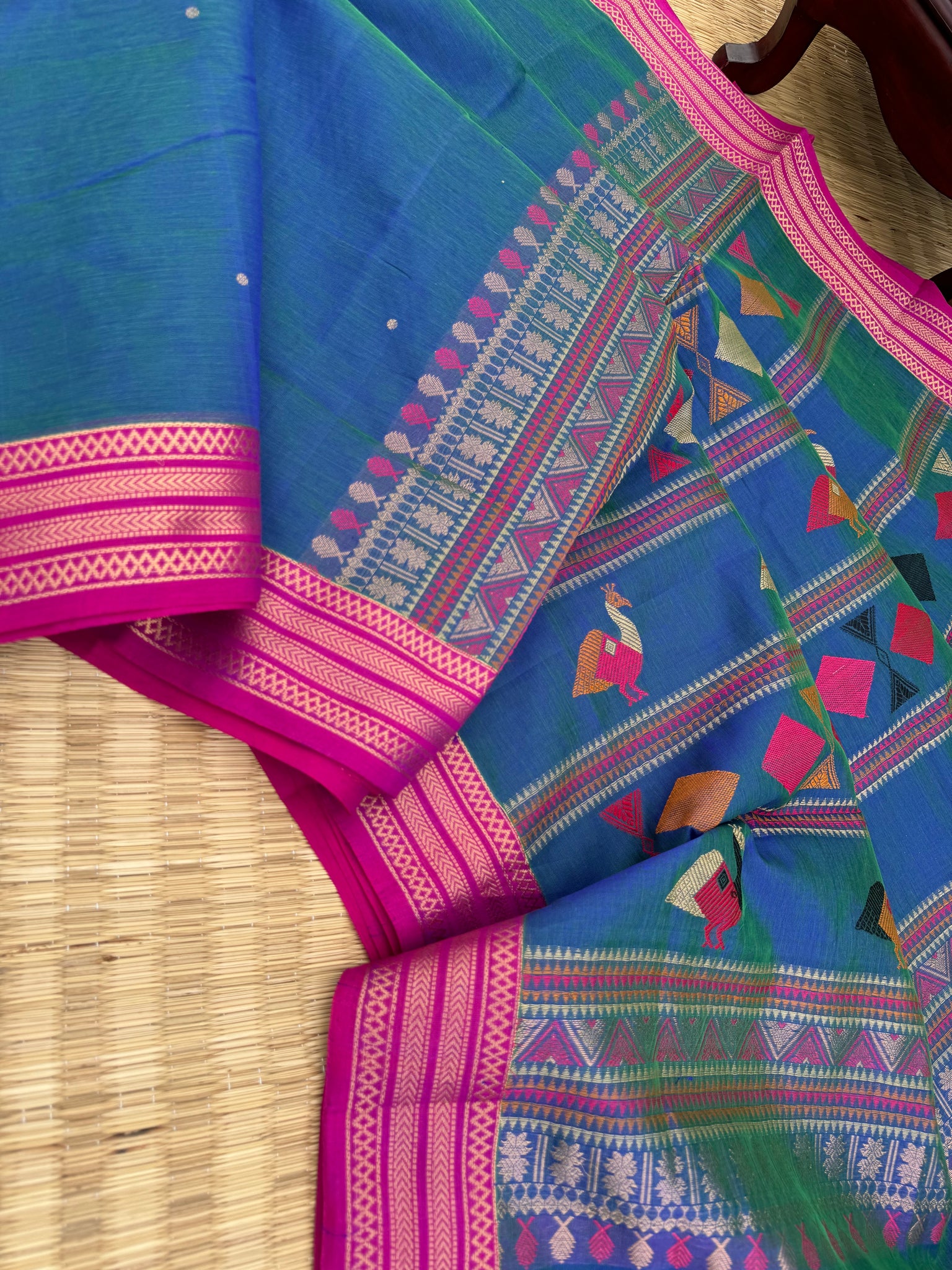 Zari Kissed Silk Cotton - a dual tone peacock blue green bomkai