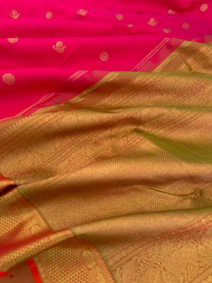 Kanchivaram Trunk - most beautiful pink and maanthulir green pallu and blouse with solid gold zari woven borders