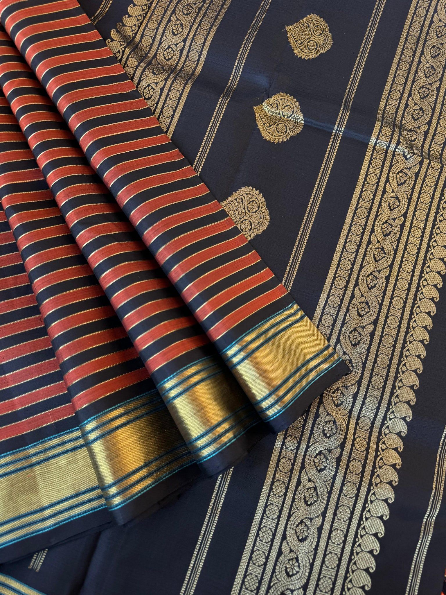 Vari - Stripes woven Kanchivaram | rust and black