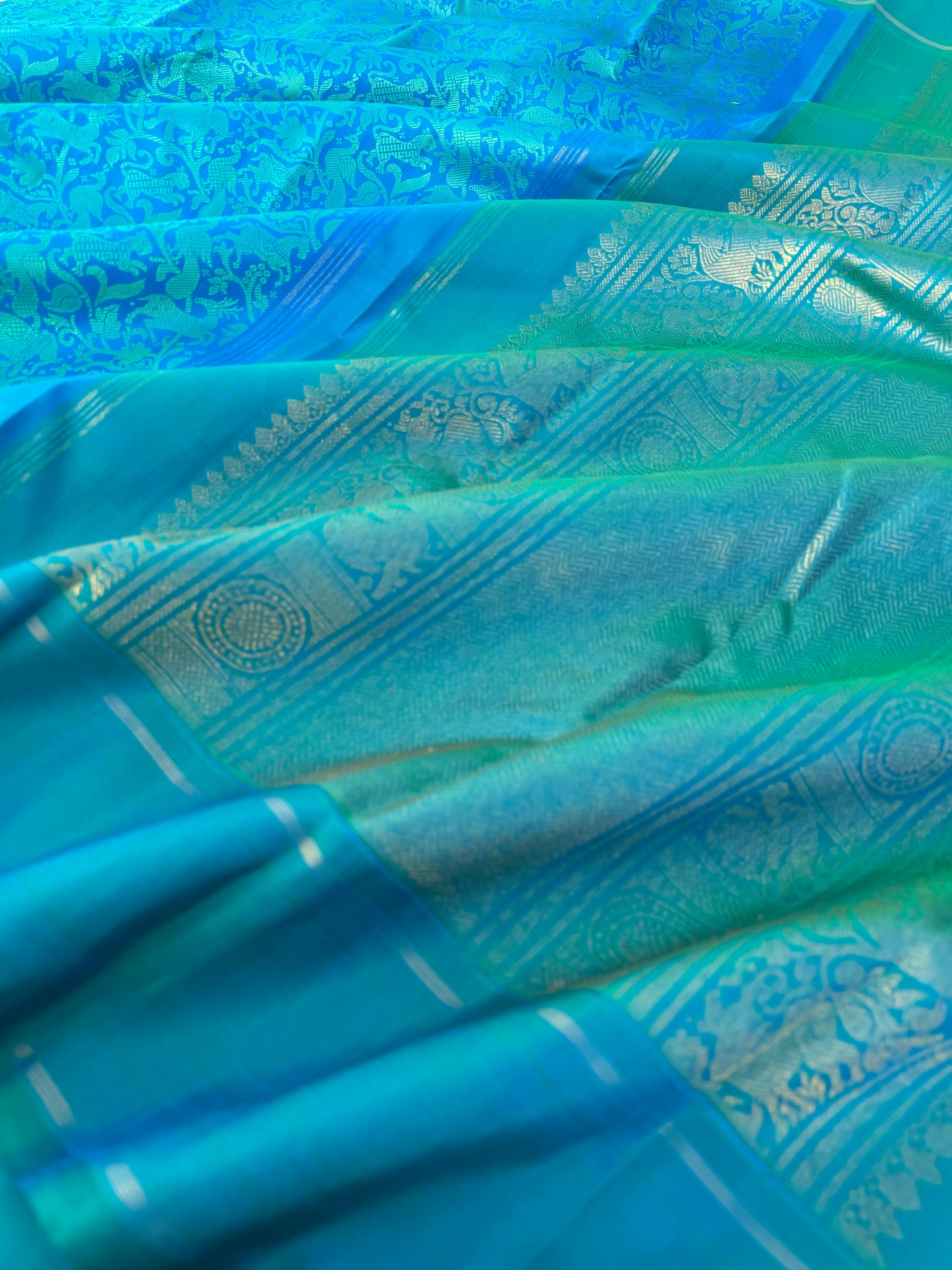 Diwali Edits - Kanchivaram For All Occasions - a stunning anandha blue on blue vanasingaram body with gold zari woven pallu