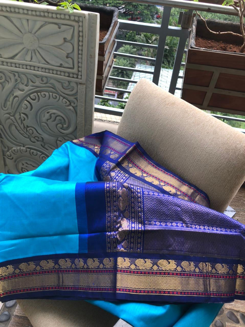 Bliss of Korvai Silk Cottons - blue on blue with annapakshi woven meenakari borders