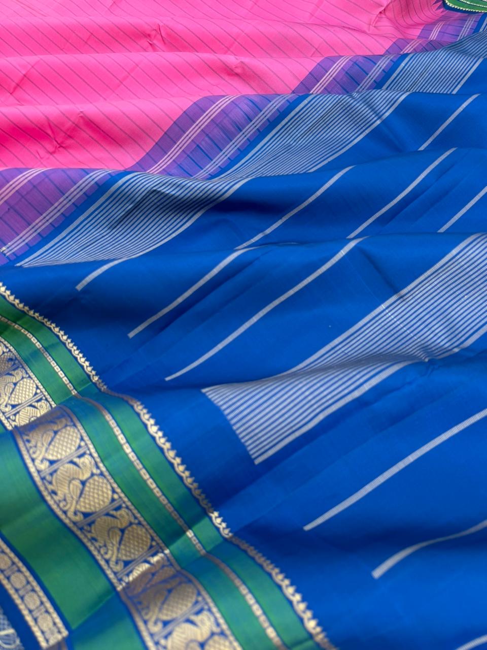 The Best of No Zari Korvai Kanchivaram - candy pink and ink blue with annapakshi woven borders with strips woven body