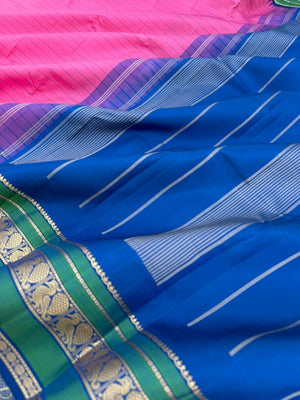 The Best of No Zari Korvai Kanchivaram - candy pink and ink blue with annapakshi woven borders with strips woven body