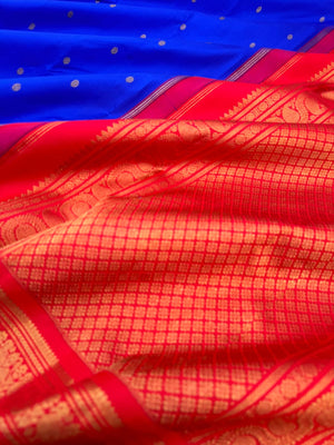 Vintage Ragas on Kanchivaram - most beautiful ms blue and red korvai Kanchivaram with vintage style peacock woven borders