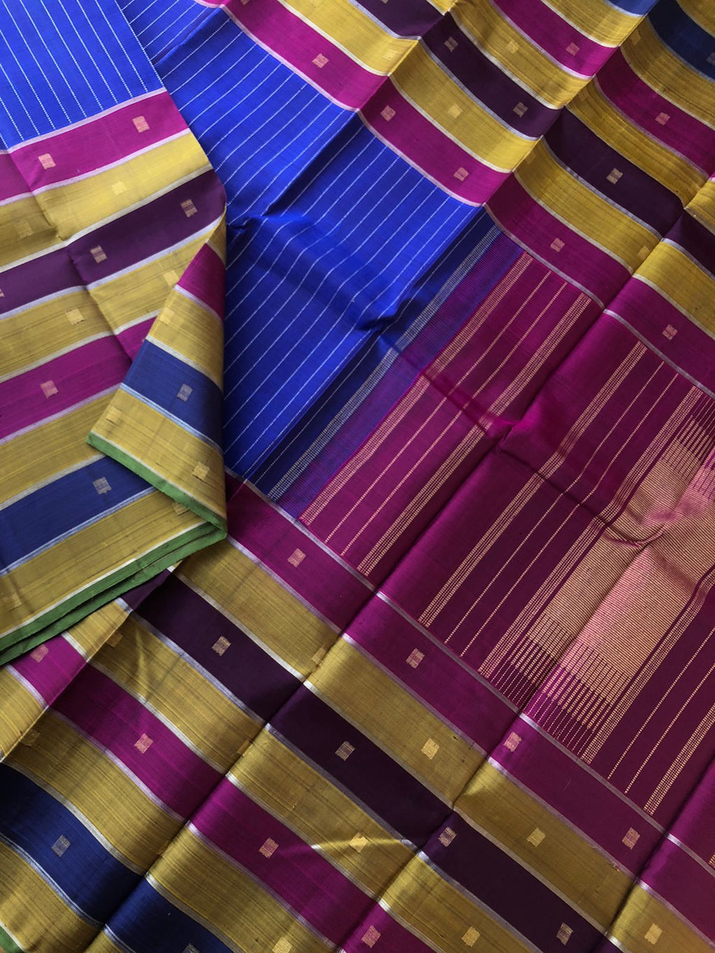 Vintage Ragas on Kanchivaram - the very old style multi colour double side borders with ms blue vertical stripes woven body