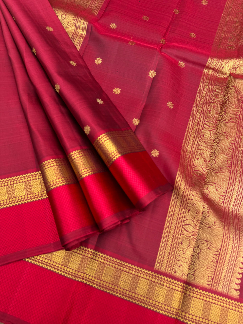 Molten Play on Kanchivaram - deep dark metallic reddish maroon with silk and zari woven borders