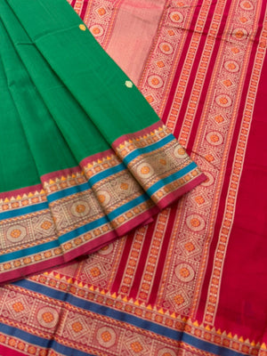 Mangalavastaram - green and red with meenakari woven borders and pallu