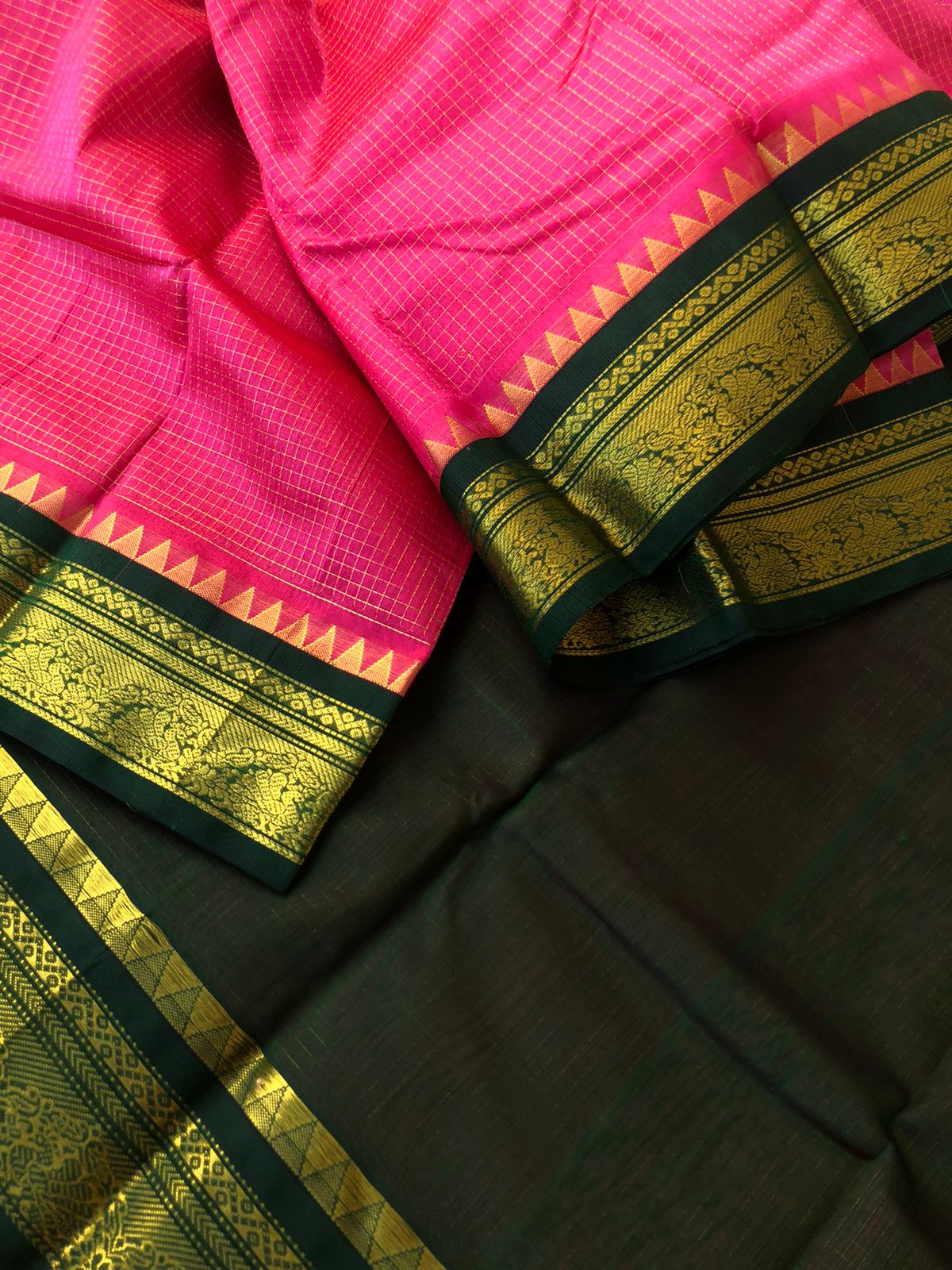 Kattams on Korvai Silk Cotton - burnt pink and Meenakshi green zari kattam