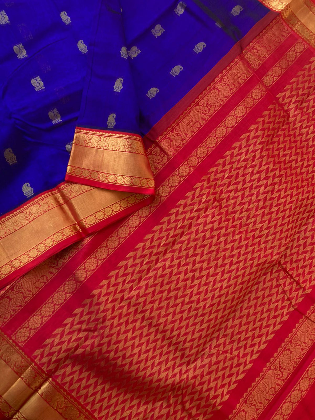 Korvai Silk Cottons - ms blue and deep red with woven buttas