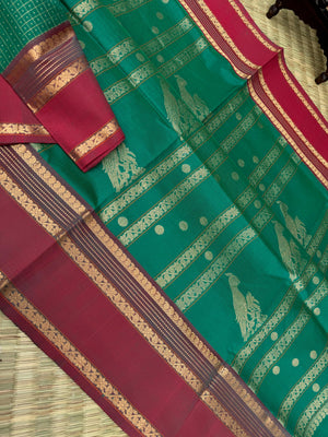 Zari Kissed Silk Cotton - green Lakshadeepam with parrots woven pallu
