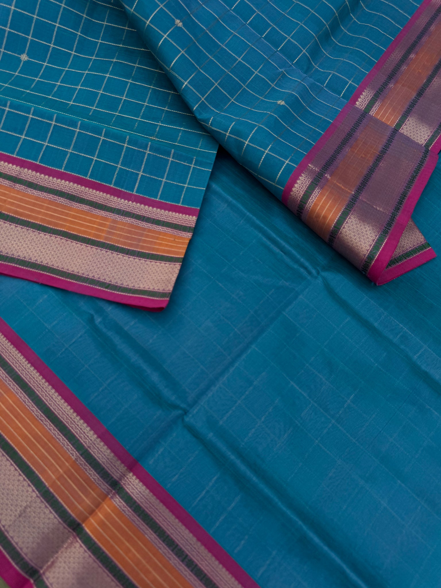 Zari Kissed Silk Cotton - teal blue muthu kattam
