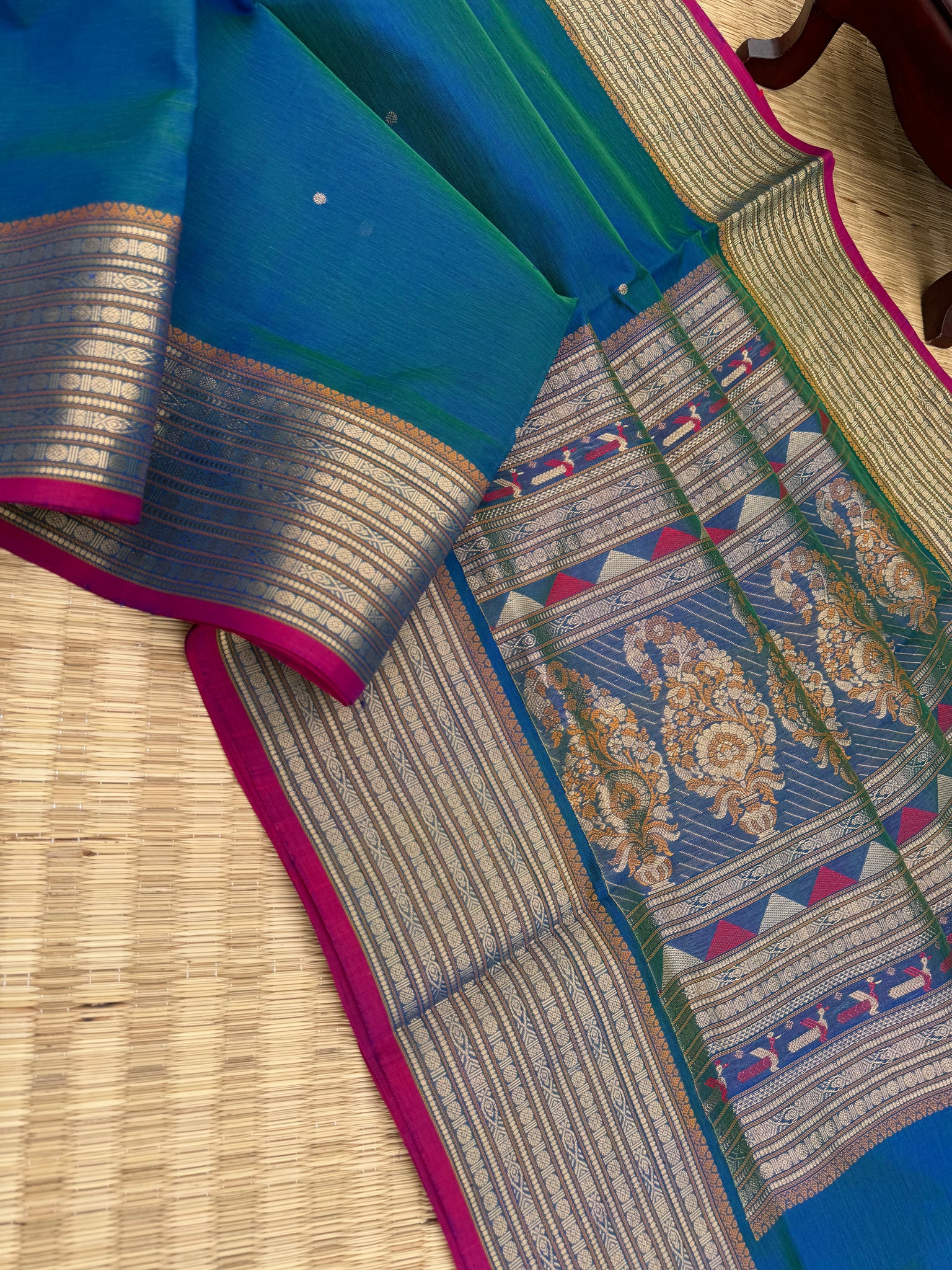 Zari Kissed Silk Cotton - a stunning dual tone peacock blue green with paithani pallu