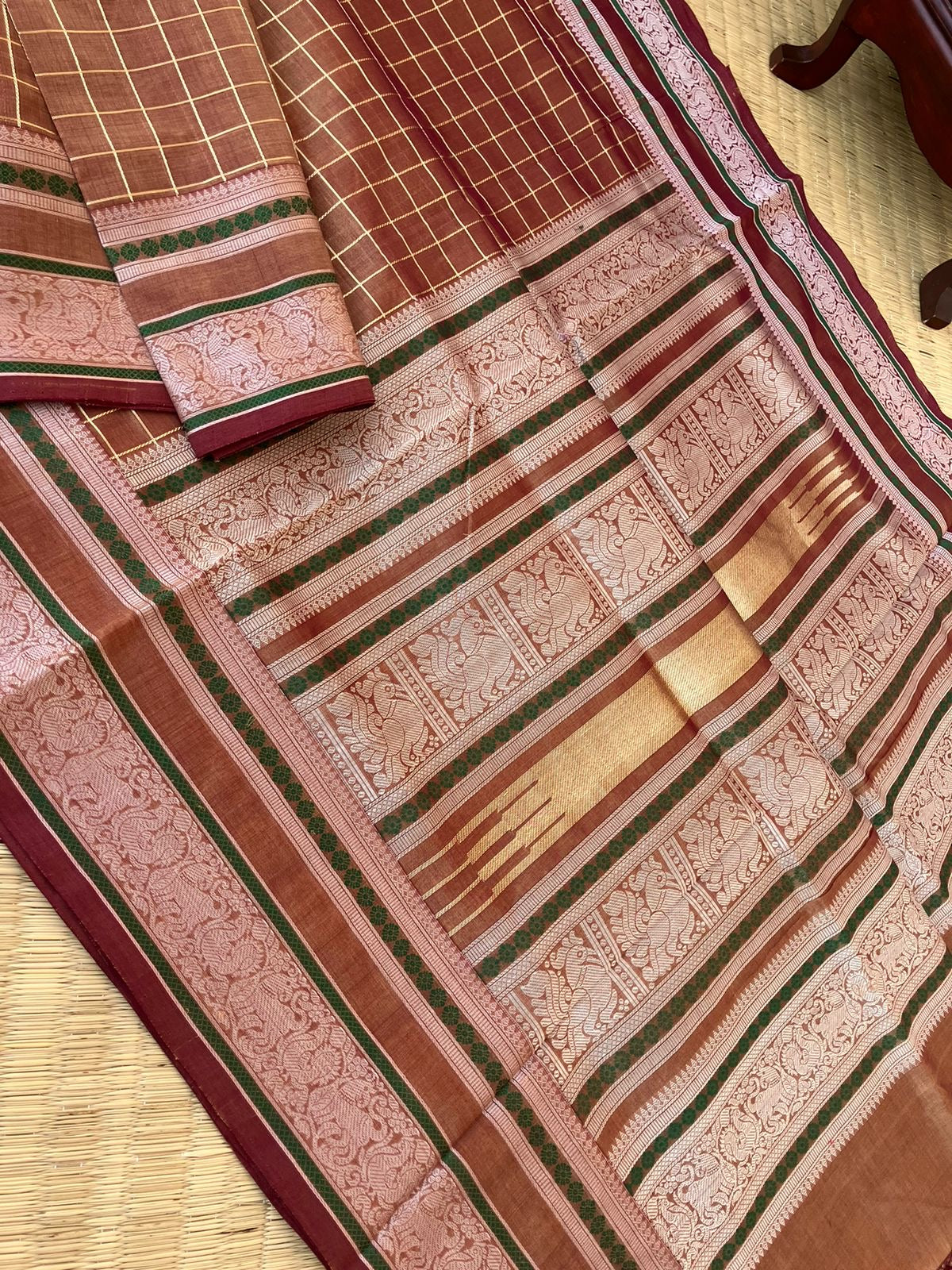Zari Kissed Silk Cotton - chocolate and cookie muthu kattam with yali and annapakshi woven borders