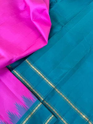 Art of Kai Korvai Kanchivaram - candy pink and teal with retta pett woven borders