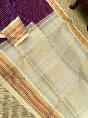 Korvai Silk Cottons - deep dark purple and off white with podi kattam woven body