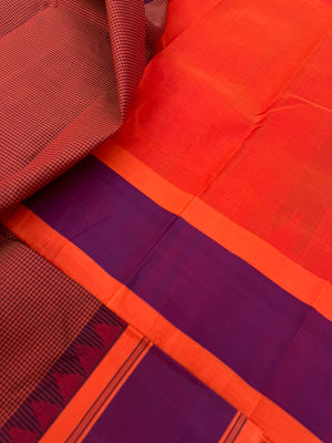 Signature Silk Cotton - orange and black kasa kasa kattam with orange pallu and blouse