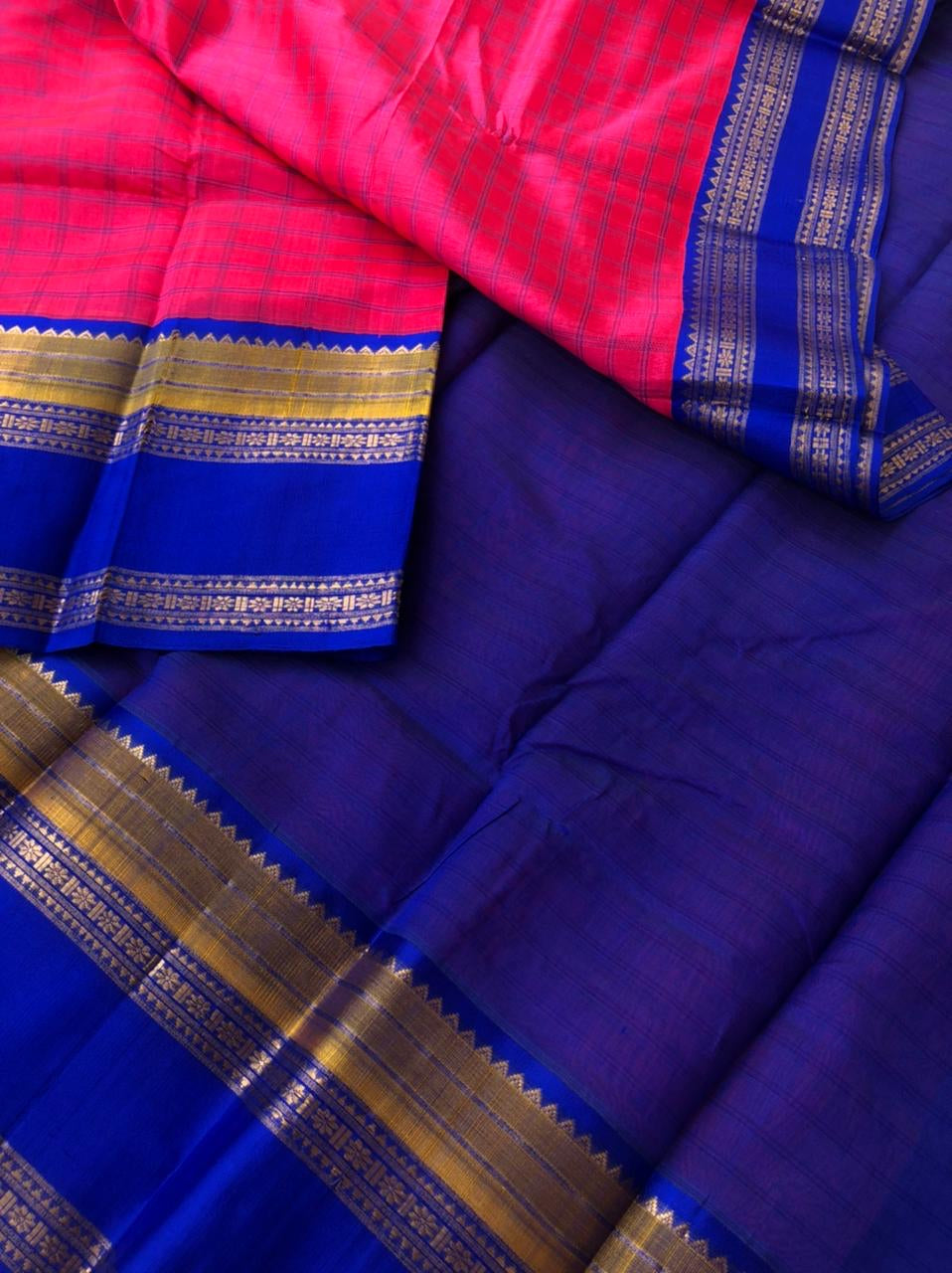 Divyam - Korvai Silk Cotton with Pure Silk Woven Borders - stunning candy pink and ink blue chexs