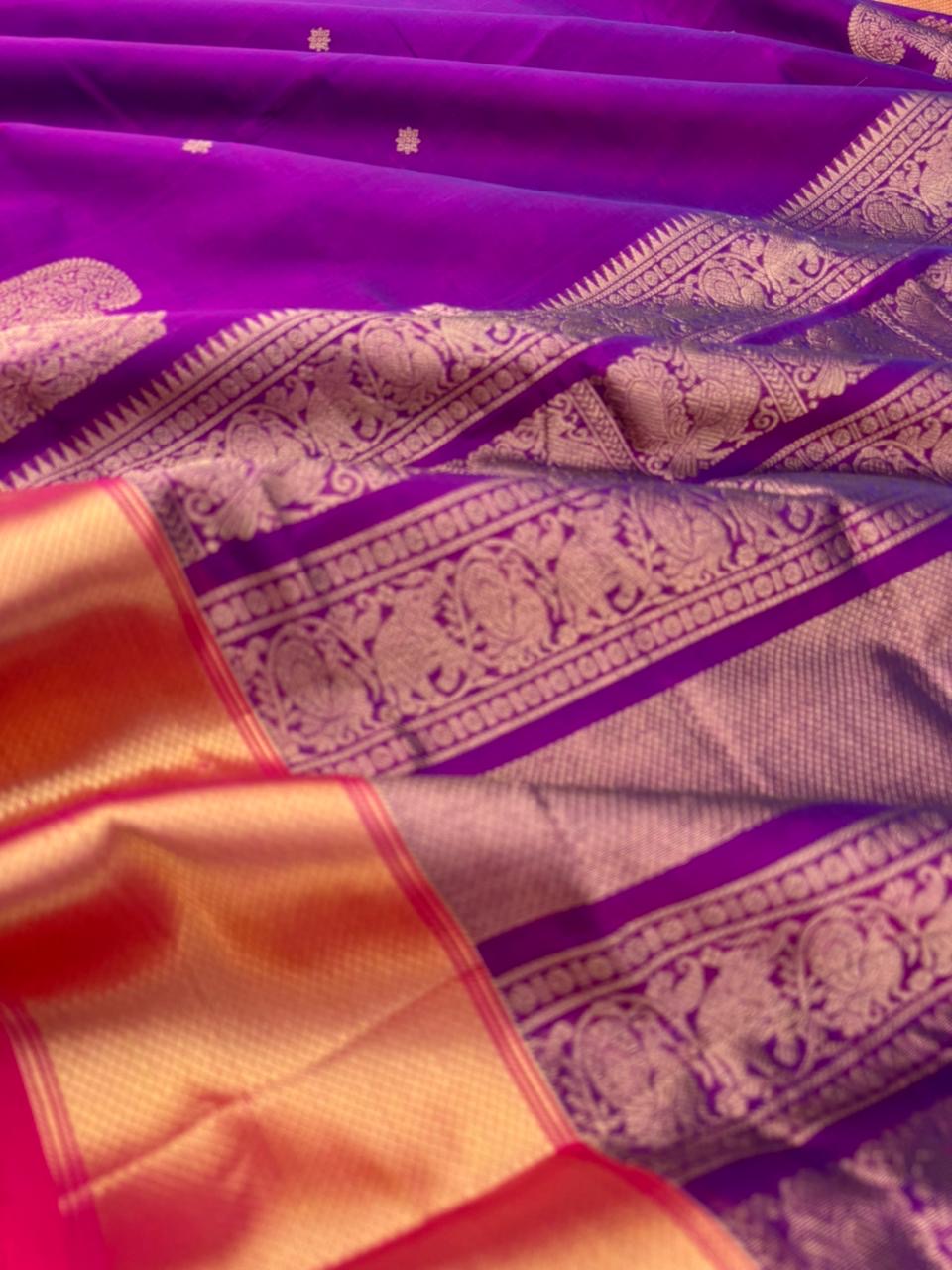 Zari Kissed Silk Cotton - a gorgeous violet mixed blue with corner buttas and solid borders