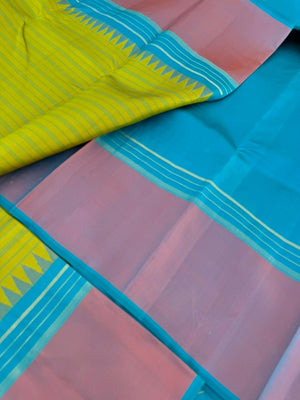 Rarest Korvai Kanchivaram - gorgeous alli pachai ( lily green ) unusual English borders with sulphate blue pallu and blouse