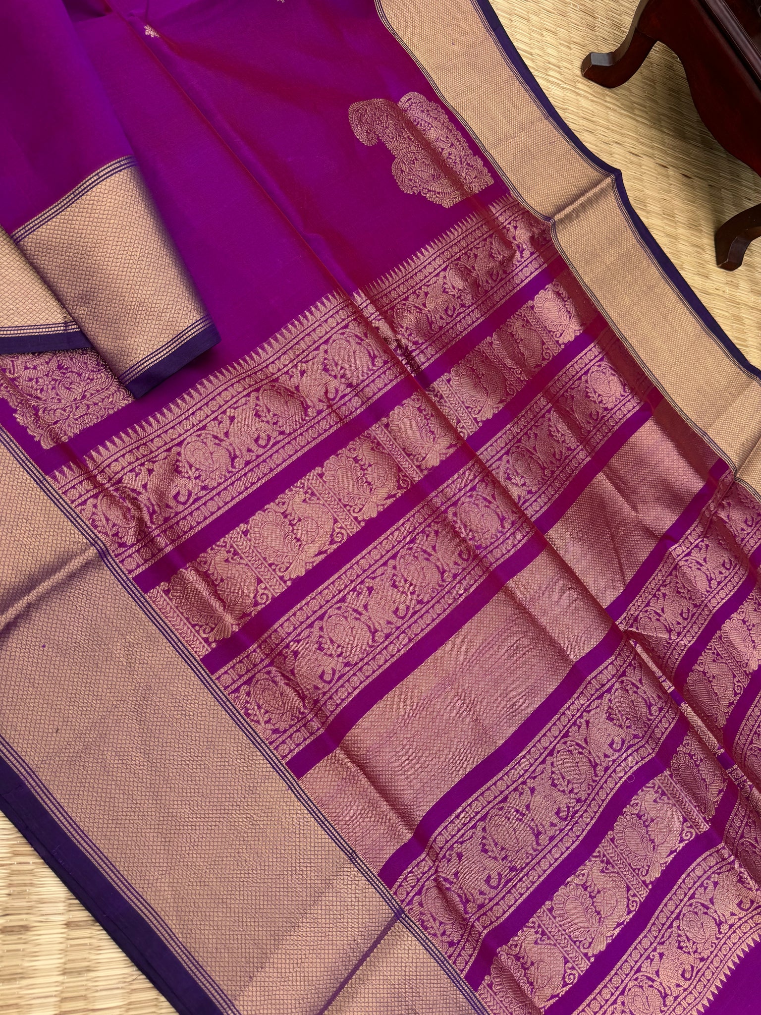 Zari Kissed Silk Cotton - a stunning red short purple grandest corner buttas