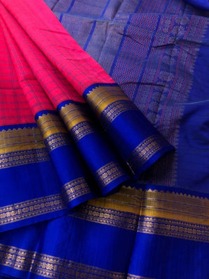 Divyam - Korvai Silk Cotton with Pure Silk Woven Borders - stunning candy pink and ink blue chexs