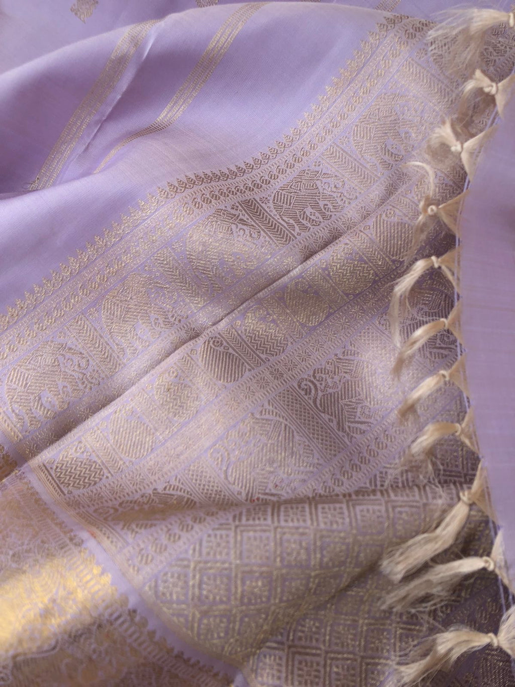 Aarabhi - Amazing Pastel Kanchivarams - beige mixed ice blue lavender to give a unusual mild tone