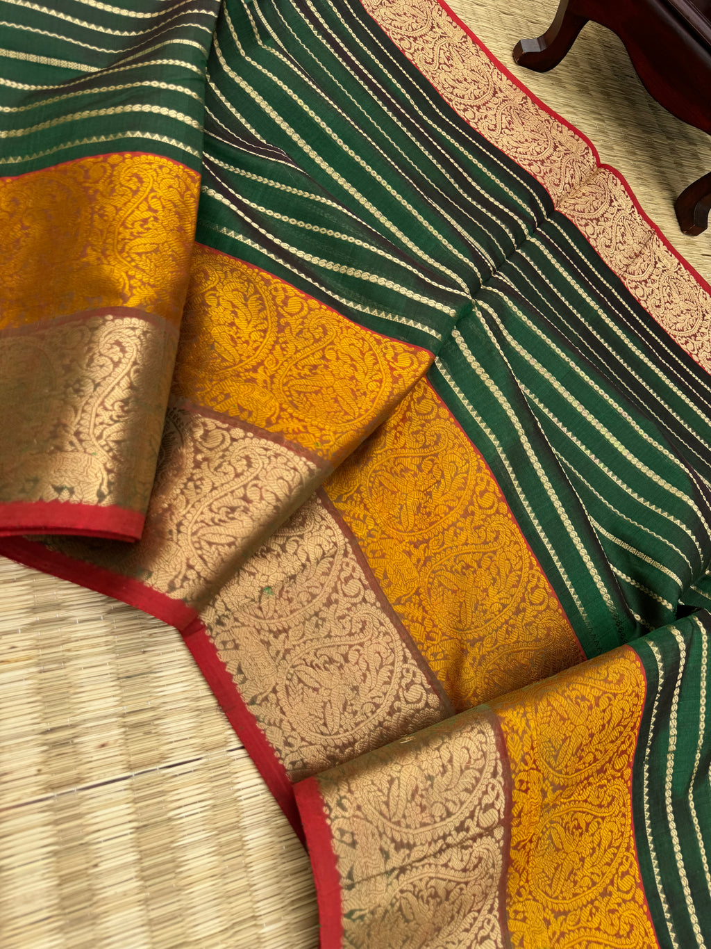Zari Kissed Silk Cotton - deep drak traditional green at the best grandest veldhari