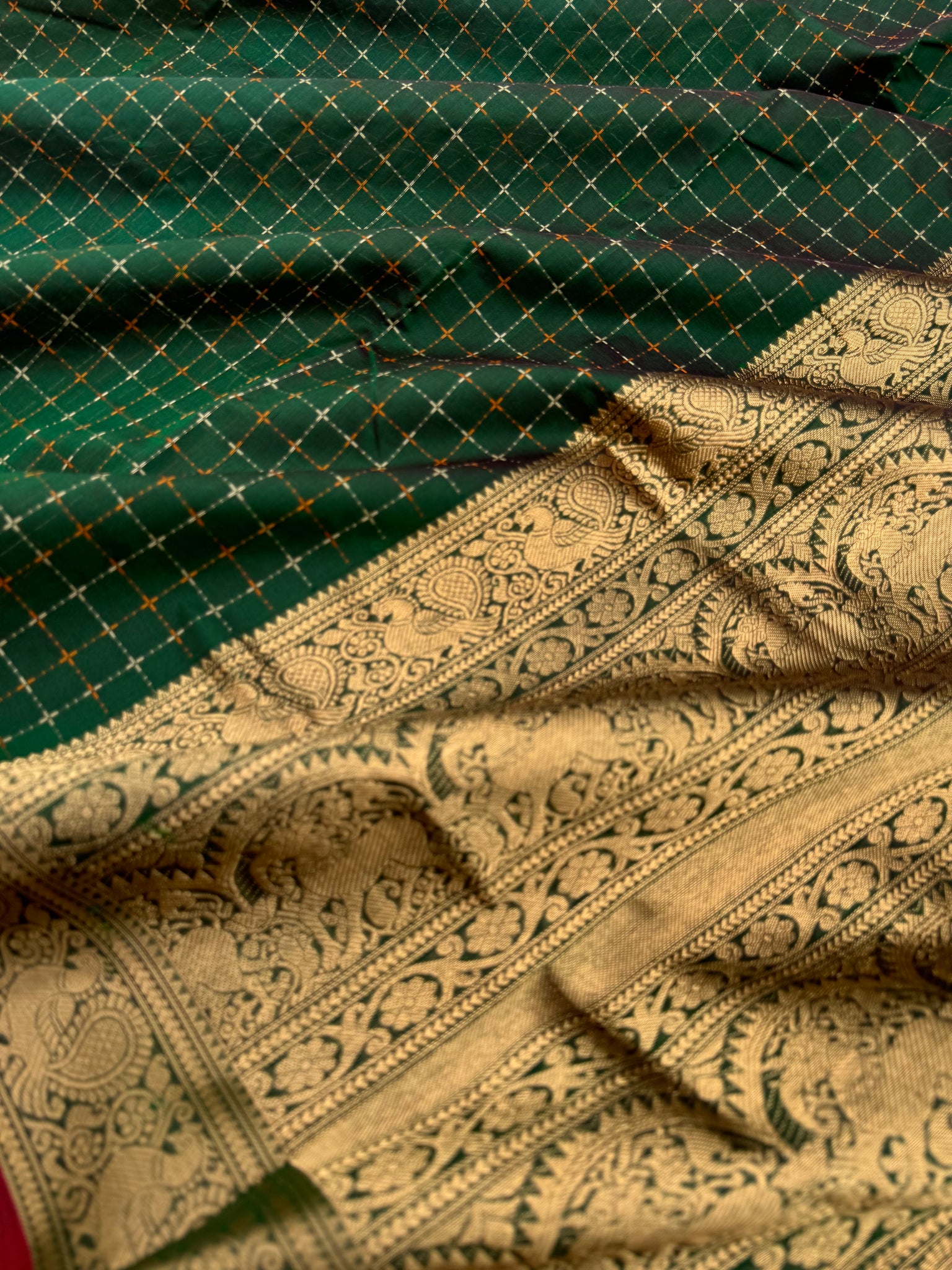 Woven Motifs Silk Cotton - deep dark Meenakshi green pluse buttas