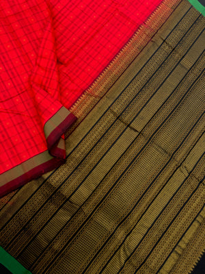 Woven Motifs Silk Cotton -deep red and black Lakshadeepam