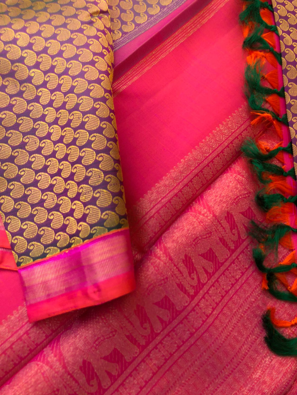 Leela - Legacy Of Kanchivarams - full body silk thread woven 20,000 paisley woven buttas with orange mixed pink pallu and blouse