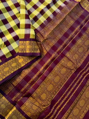 Korvai Silk Cotton - creamy yellow and burgundy chex