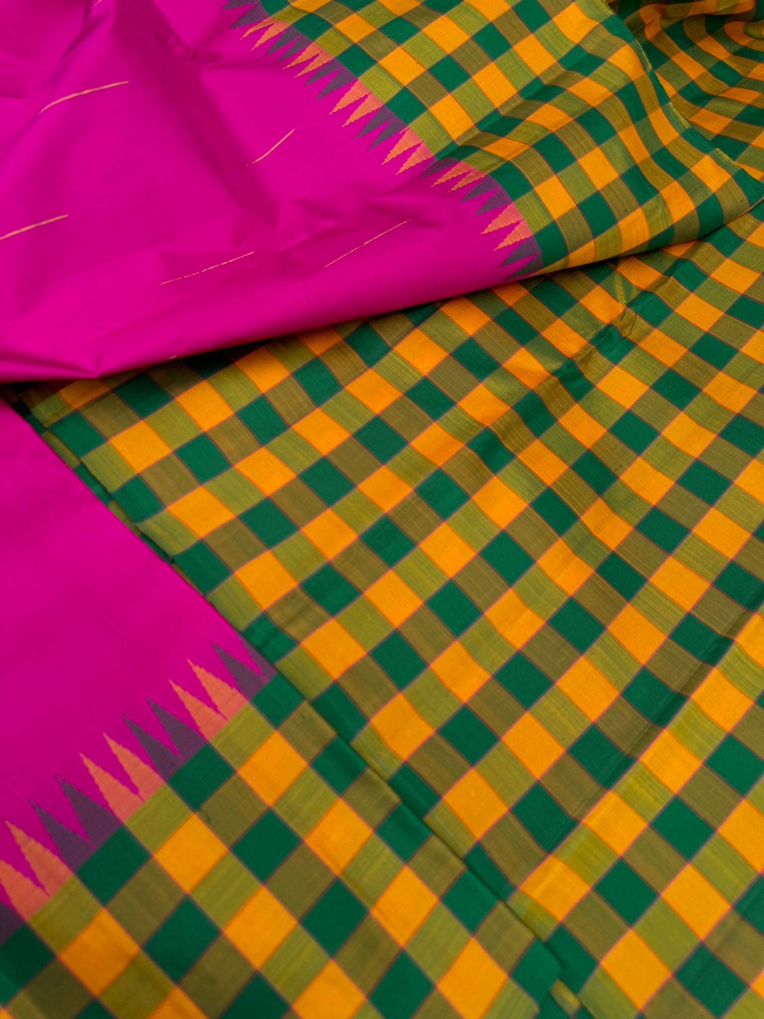 Diwali Edits - Soulful Kanchivaram - stunning deep pink rain drops woven body with mustard and green kattam woven borders pallu and blouse