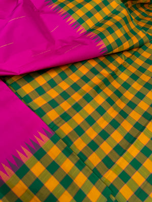 Diwali Edits - Soulful Kanchivaram - stunning deep pink rain drops woven body with mustard and green kattam woven borders pallu and blouse