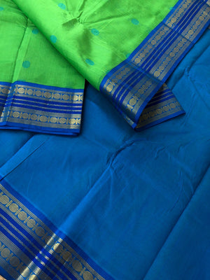 Divyam - Korvai Silk Cotton with Pure Silk Woven Borders - beautiful apple green and blue