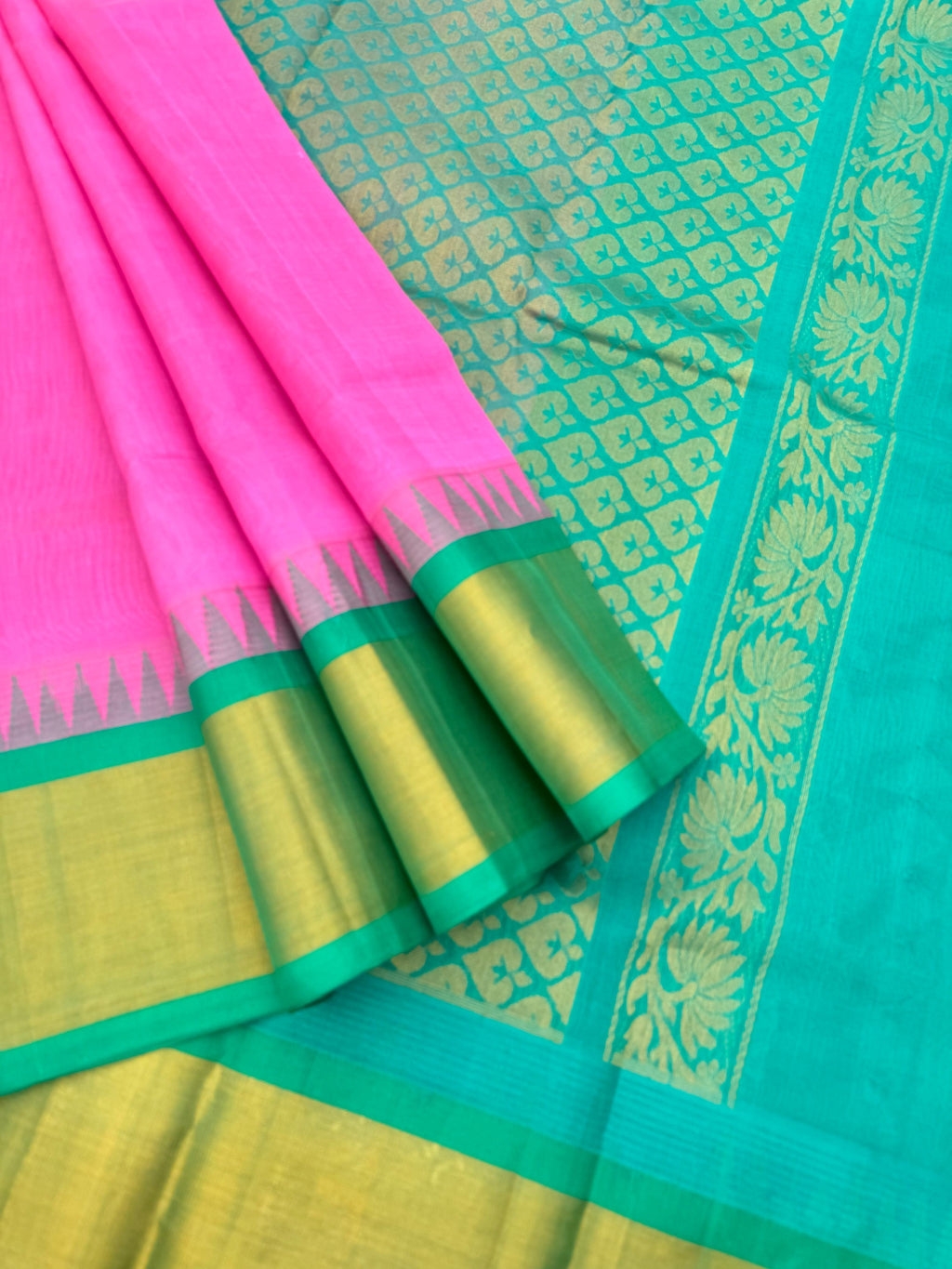 Korvai Silk Cottons - candy pink and teal with tissue borders