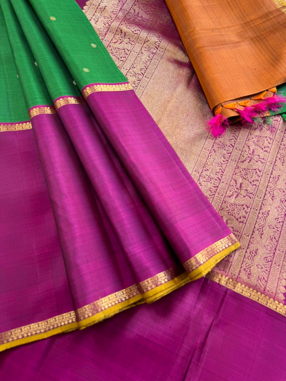 Tasteful Tall Border Kanchivarams - stunning Meenakshi green mubbagam with Ganga jammuna woven borders