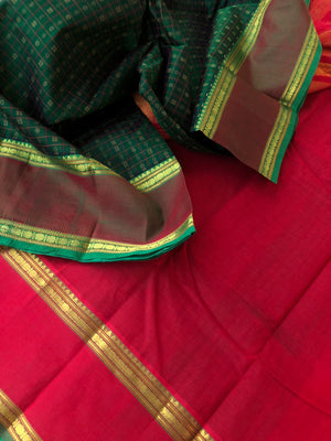 Woven Motifs Silk Cotton - forest green and red Lakshadeepam