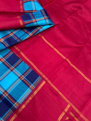 Diwali Edits - Soulful Kanchivaram - stunning blue on blue chex kanchivaram with deep dark red korvai woven borders
