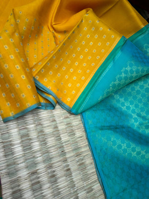 Mohaa - Beautiful Borderless Kanchivarams - stunning yellow and turquoise knee length meena buttas