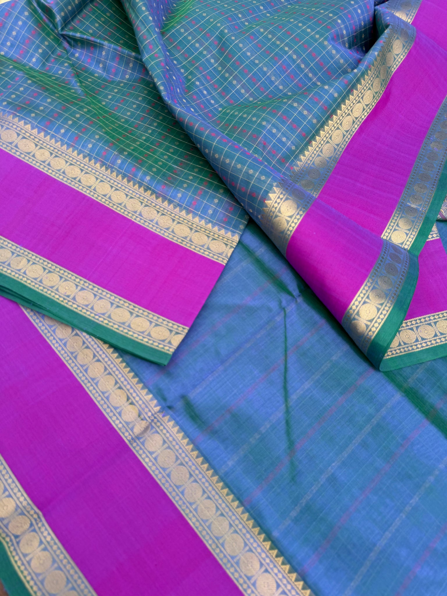 Woven Motifs Silk Cotton - a dual tone peacock blue green lakshadeepam