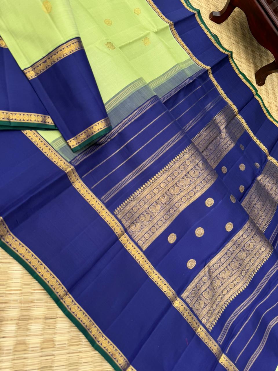 Meenakshi - Heirloom Korvai Kanchivaram - stunning most beautiful pastel pista green and deep ink blue