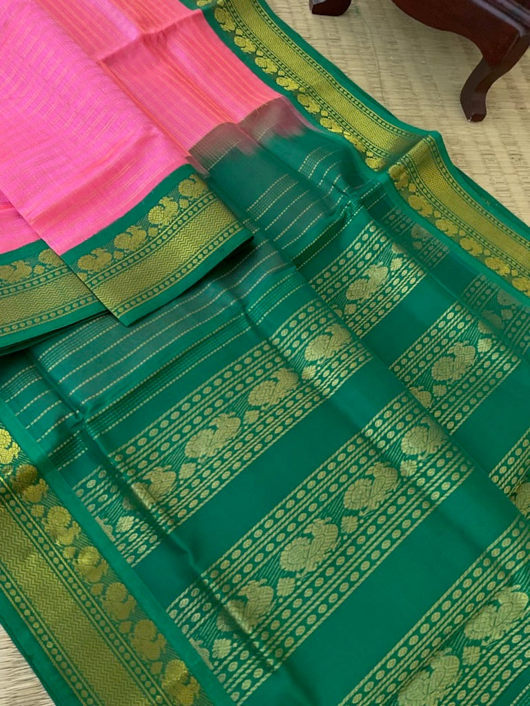 Korvai Silk Cotton -pink and green zari kattam