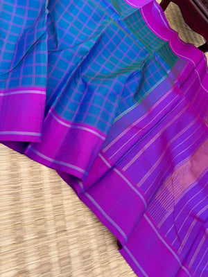 Colour Play on Kanchivaram - Simple and elegant peacock blue and violet kattam kanchivaram