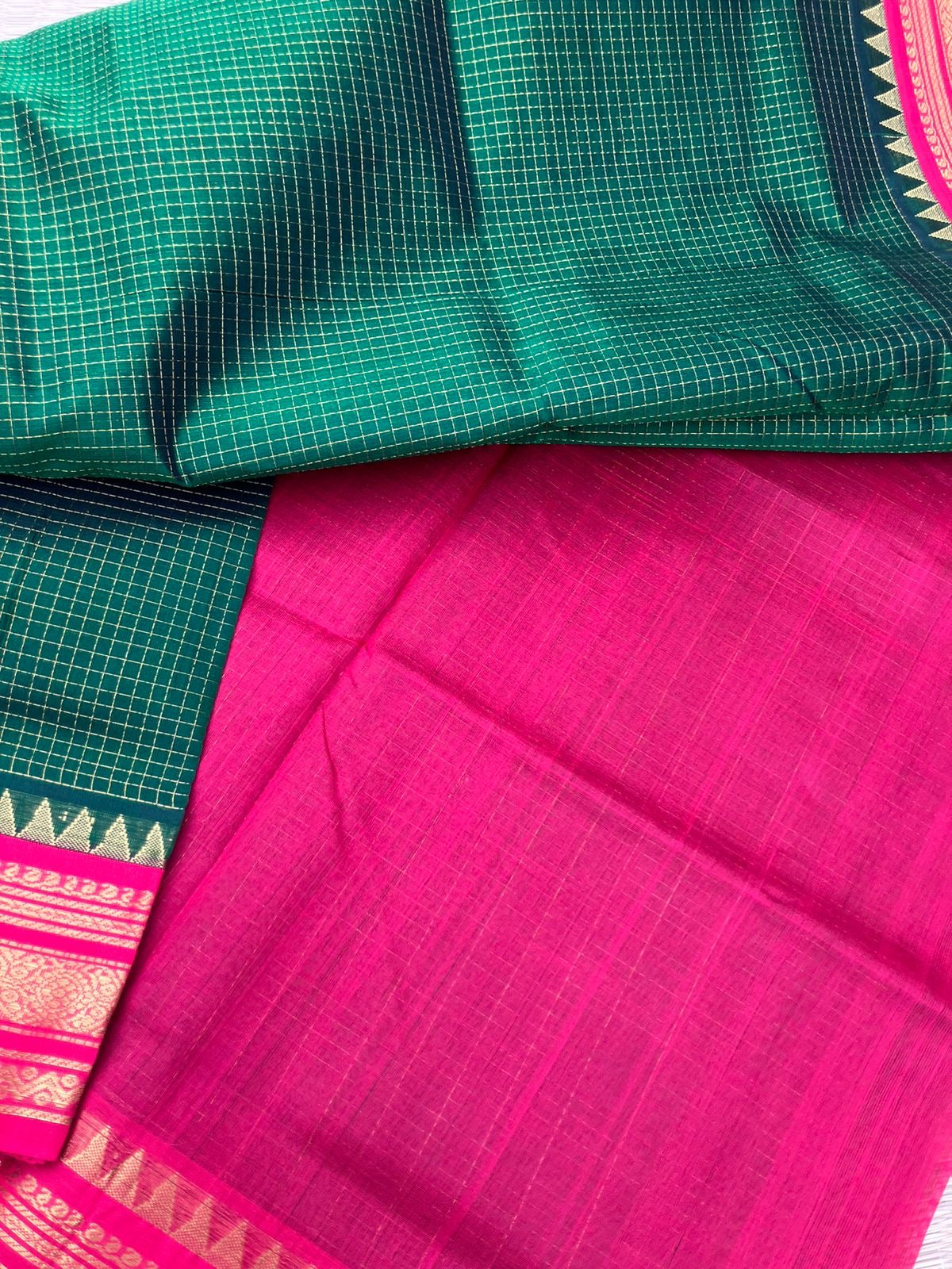 Korvai Silk Cottons - Meenakshi green and pink zari kattam