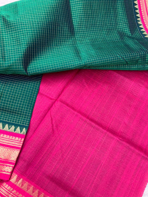 Korvai Silk Cottons - Meenakshi green and pink zari kattam