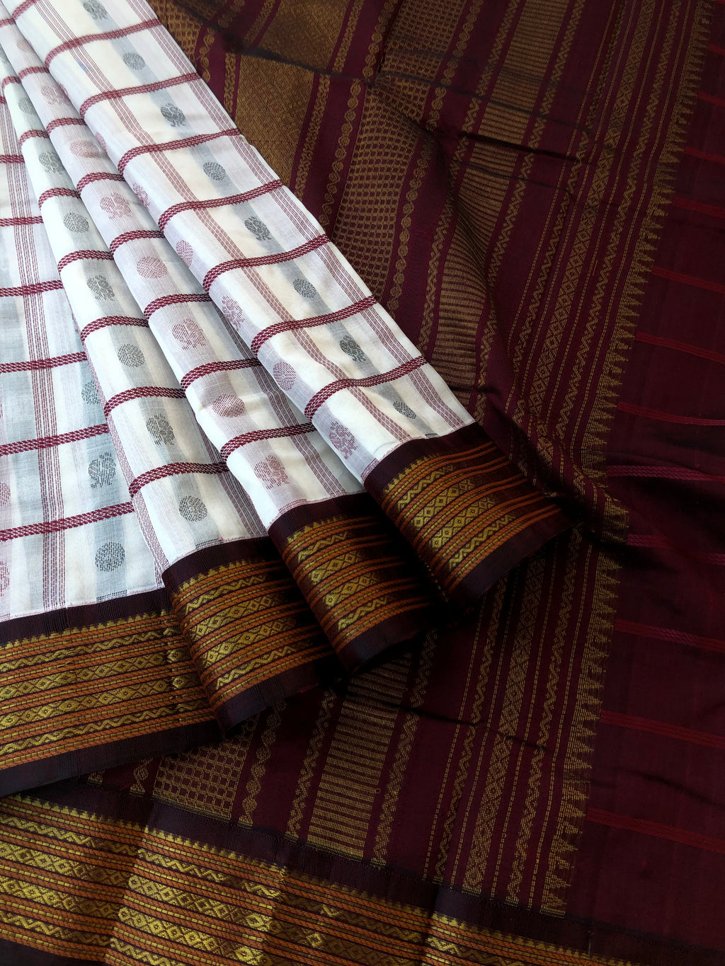 Divyam - Korvai Silk Cotton with Pure Silk Woven Borders - off and deep burgundy maroon 1000 buttas