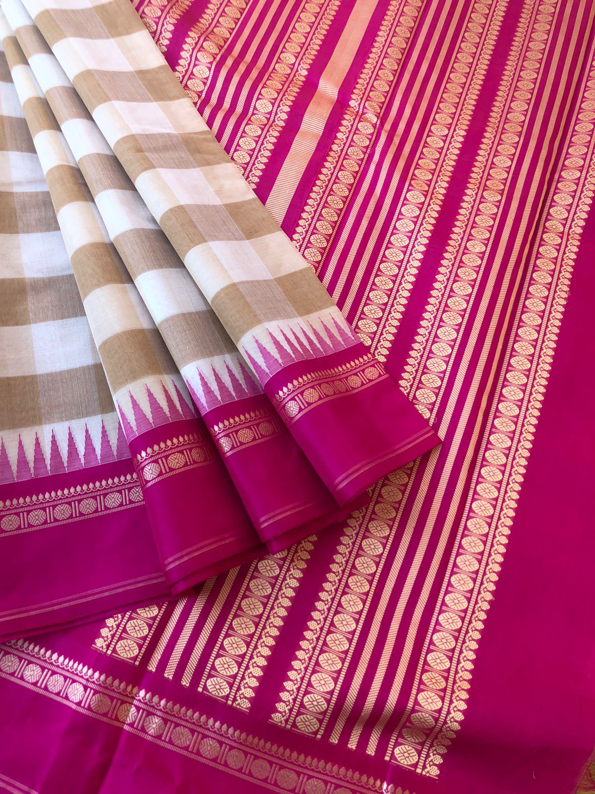 Mira - Our Exclusive Cotton body with Pure Silk Korvai Borders - off white and cookie tone chettinad chex with Indian pink borders pallu and blouse
