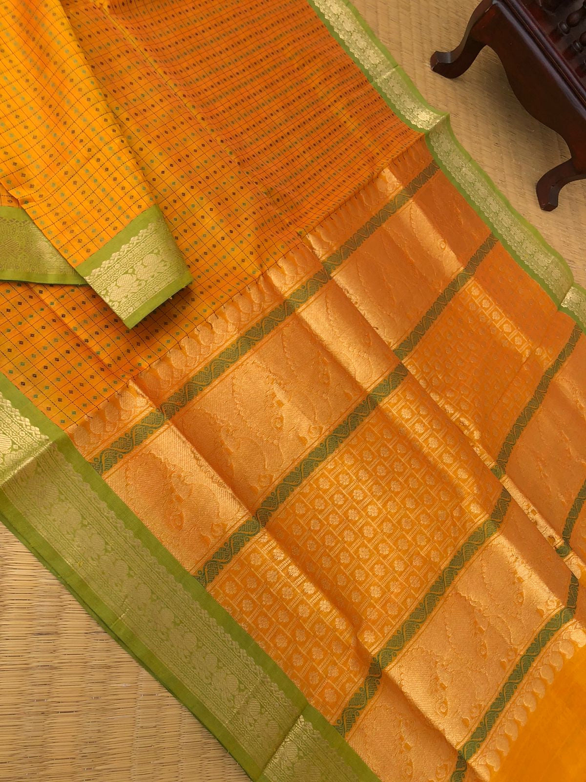 Woven Motifs Silk Cottons - gorgeous mango yellow Lakshadeepam
